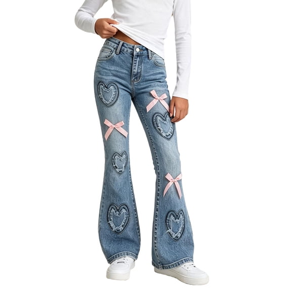 Girl's Cute Bell Bottom Jeans with Heart Patches and Sweet Bows Flared ...
