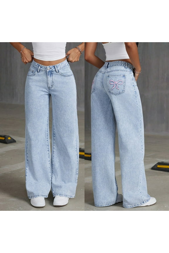 Girl's Cute Bow Print Jeans - High Waist Elastic Wide Leg Denim Pants with Zipper Fly & Pockets
