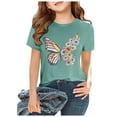 thumbnail image 1 of Girl's Cute Butterfly & Flower Graphic T-shirts Casual Round Neck Tops (Green 8-9 Years), 1 of 7
