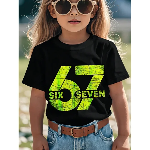 Girl's Cute Casual Distressed Number 67 Graphic T-Shirt