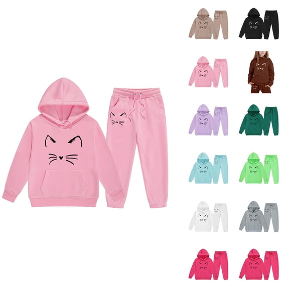 Girl's Cute Cat Graphic Tracksuit Fall Winter Long Sleeve Hoodie and Jogging Sweatpants 2 Piece Matching Sweat Suit