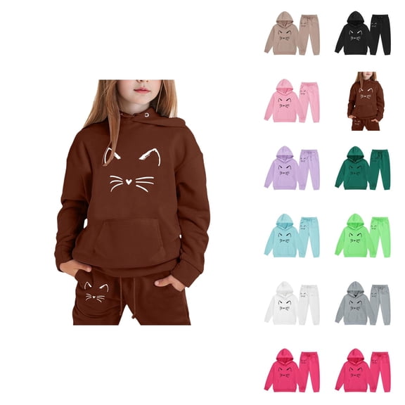Girl's Cute Cat Graphic Tracksuit Fall Winter Long Sleeve Hoodie and Jogging Sweatpants 2 Piece Matching Sweat Suit