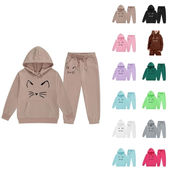 Girl's Cute Cat Graphic Tracksuit Fall Winter Long Sleeve Hoodie and Jogging Sweatpants 2 Piece Matching Sweat Suit