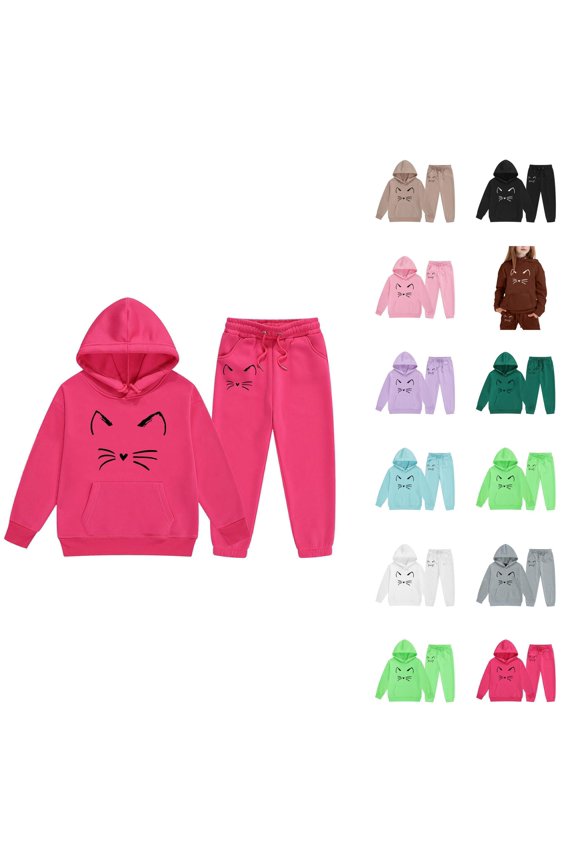 Girl's Cute Cat Graphic Tracksuit Fall Winter Long Sleeve Hoodie and Jogging Sweatpants 2 Piece Matching Sweat Suit