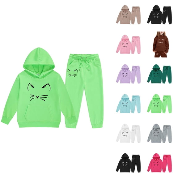 Girl's Cute Cat Graphic Tracksuit Fall Winter Long Sleeve Hoodie and Jogging Sweatpants 2 Piece Matching Sweat Suit