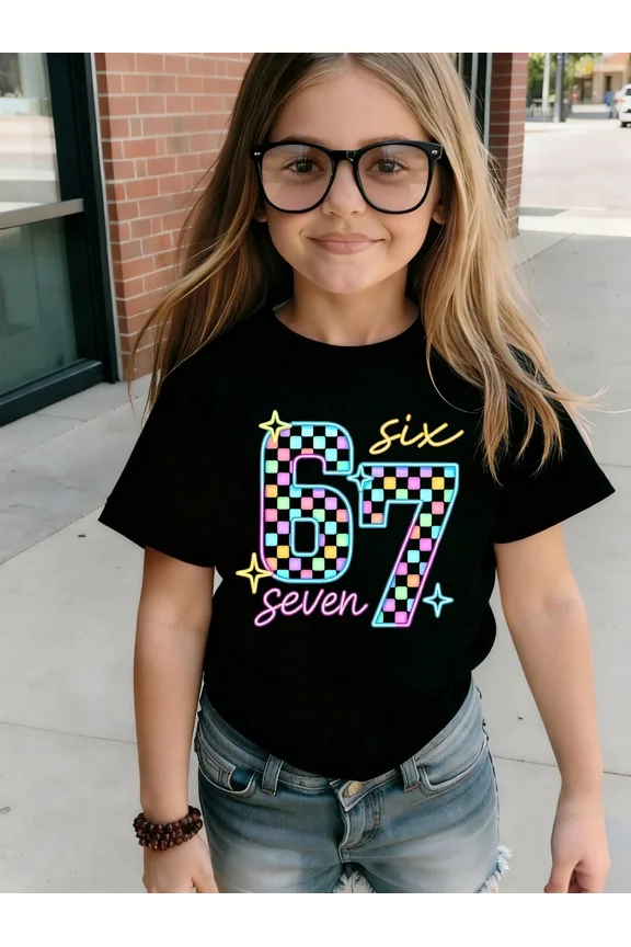 Girl's Cute Colorful Checkered Neon Number T-Shirt