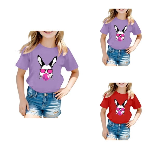 Girl's Cute Easter Bunny with Sunglasses Print Round Neck Short Sleeve Casual T-Shirt Top