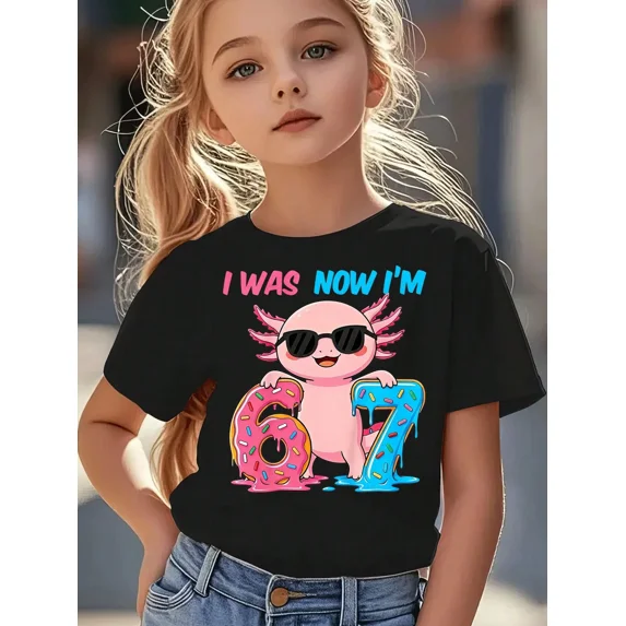 Girl's Cute Graphic Axolotl 7th Birthday T-Shirt