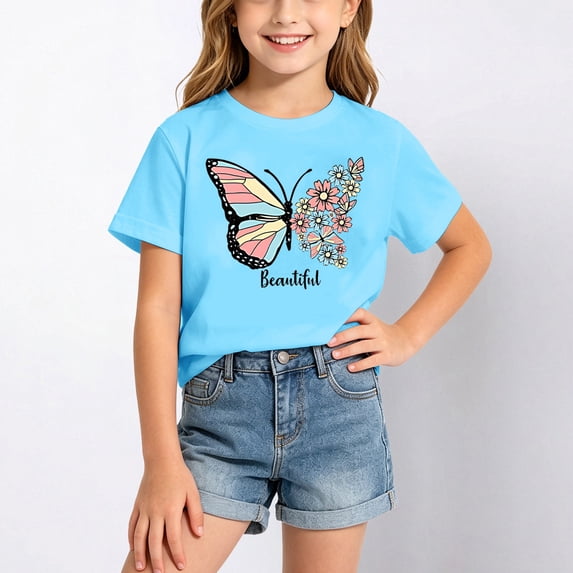 Girl's Cute Graphic Shirt Casual Round Neck Short Sleeve Tee Colorful Butterfly Boho Art T-Shirt