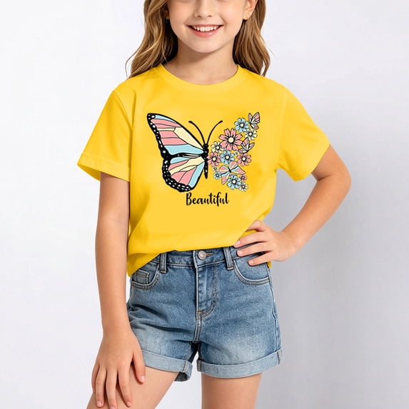 Girl's Cute Graphic Shirt Casual Round Neck Short Sleeve Tee Colorful Butterfly Boho Art T-Shirt