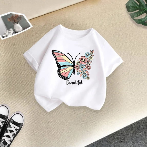 Girl's Cute Graphic Shirt Casual Round Neck Short Sleeve Tee Colorful Butterfly Boho Art T-Shirt