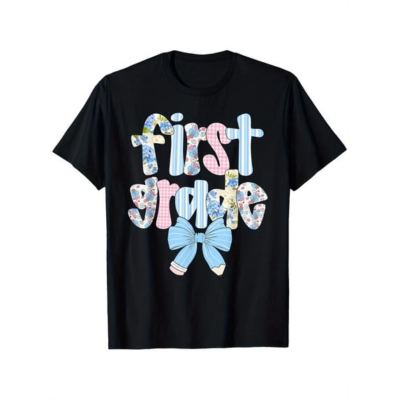 Girl's Cute Pastel Floral Pencil Bow First Grade T-Shirt