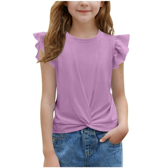 Girl's Cute Tops Twist Front Crew Neck Ruffle Fly Sleeve Summer Fashion Tees 5-14 Years Solid Color (9 Years, Purple)