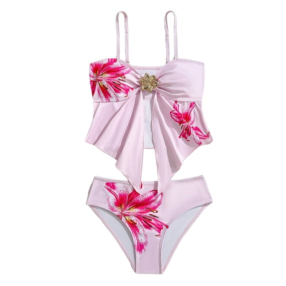 Girl's Cute Two Piece Bikini Sets Ruffle Peplum Shell High Waisted Ribbed Swimsuit Textured Kids Tankini Girls Rash Guard Swimsuit