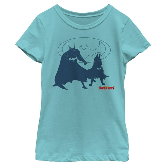 Girl's DC League of Super-Pets Batman and Ace Silhouettes Graphic Tee Tahiti Blue Small