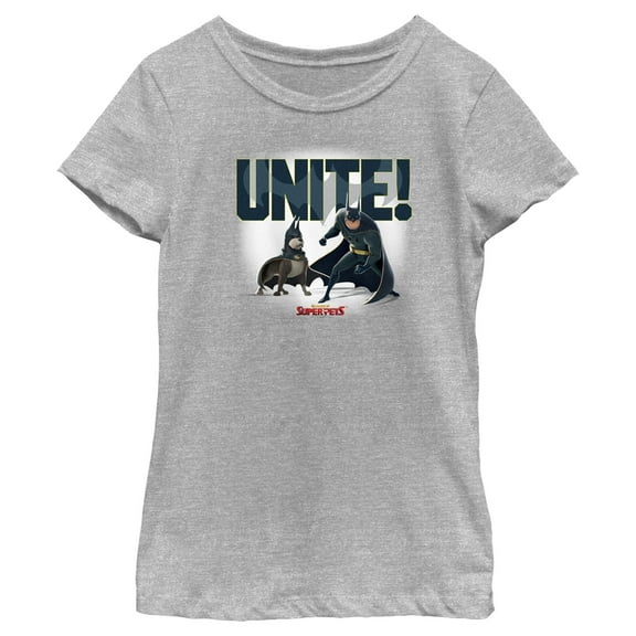 Girl's DC League of Super-Pets Batman and Ace Unite  Graphic Tee Athletic Heather Small