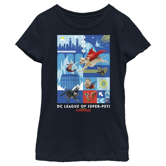 Girl's DC League of Super-Pets Battle Ready Poster Graphic Tee Navy Blue Large
