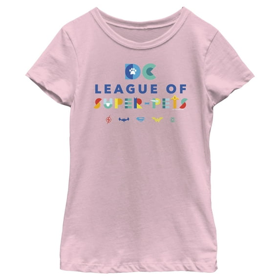 Girl's DC League of Super-Pets Colorful Hero Logos Graphic Tee Light Pink X Large
