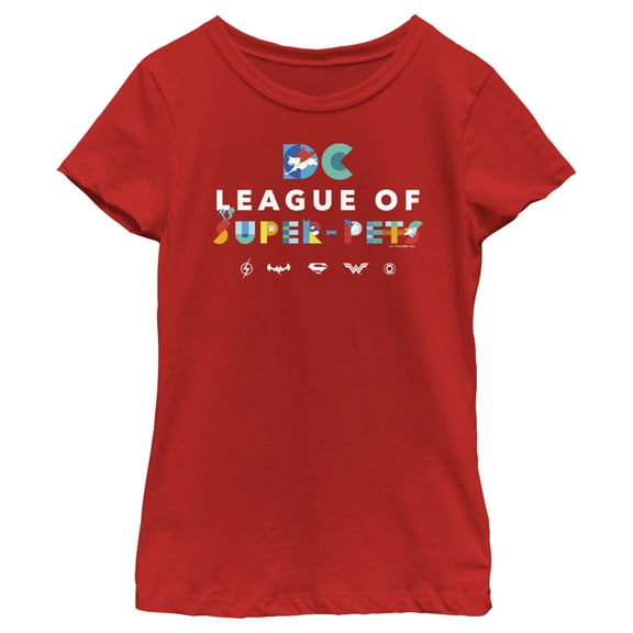 Girl's DC League of Super-Pets Colorful Title  Graphic Tee Red Small