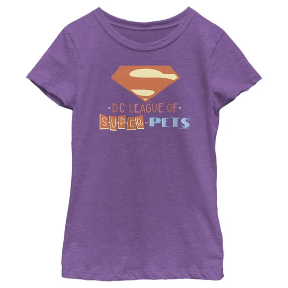 Girl's DC League of Super-Pets Superman Emblem Cutouts Graphic Tee Purple Berry Large