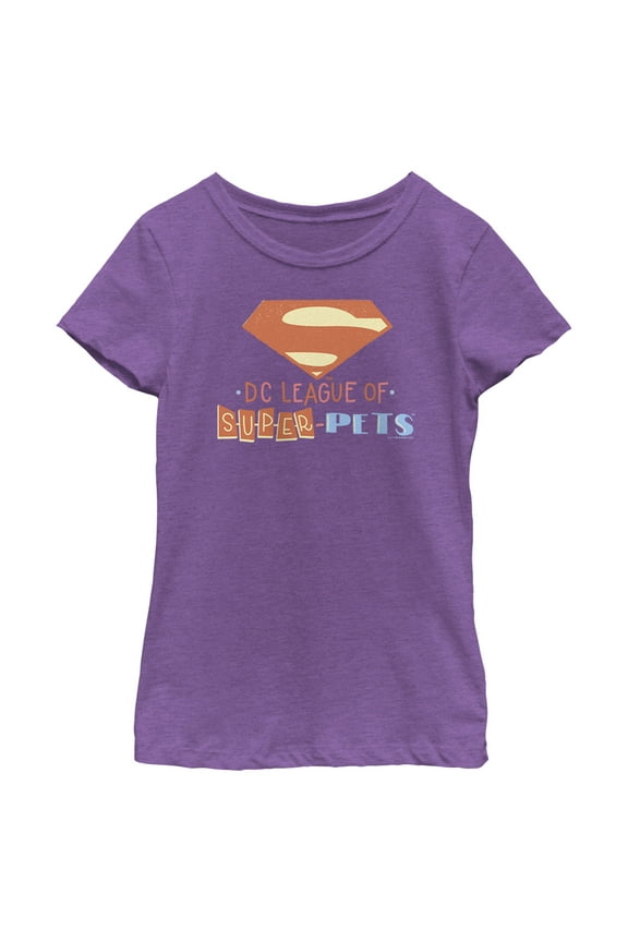 Girl's DC League of Super-Pets Superman Emblem Cutouts Graphic Tee Purple Berry Large