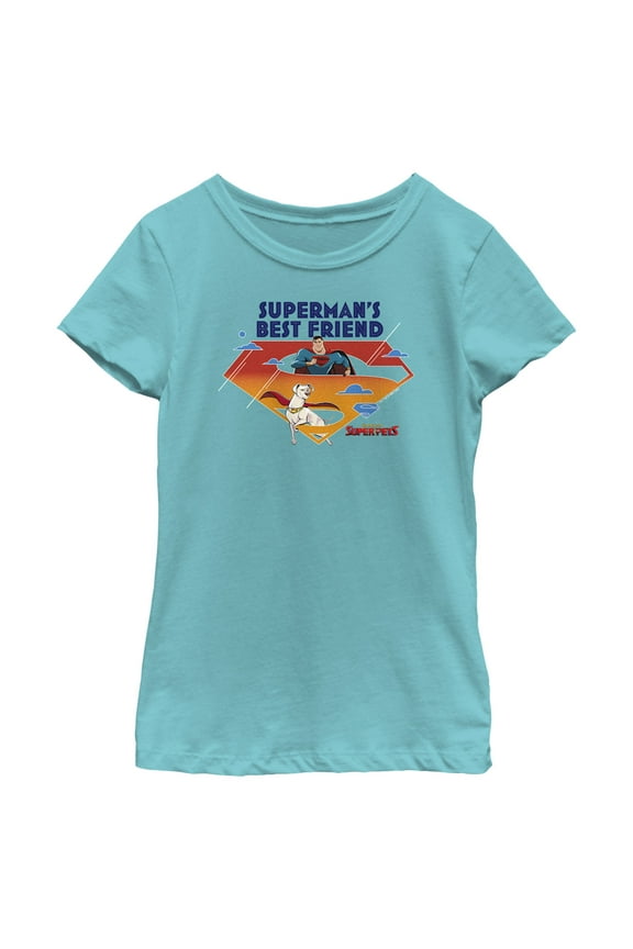 Girl's DC League of Super-Pets Superman's Best Friend Logo  Graphic Tee Tahiti Blue X Large