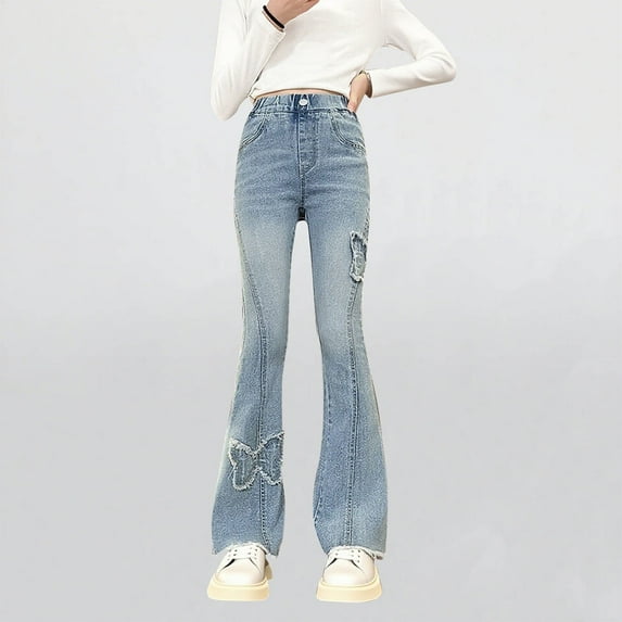 Girl's Denim Pants New Children's Casual Jeans with Comfortable Elastic Waistband and Loose Casual Pants for Adults Style B-54 Blue 7 Years