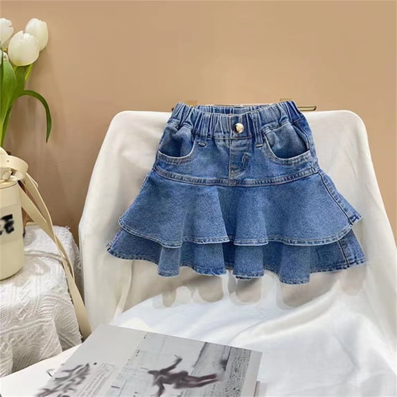 Girl's Denim Ruffle Skirts Mini Flared Pleated Jean Skorts with Shorts (Blue2)