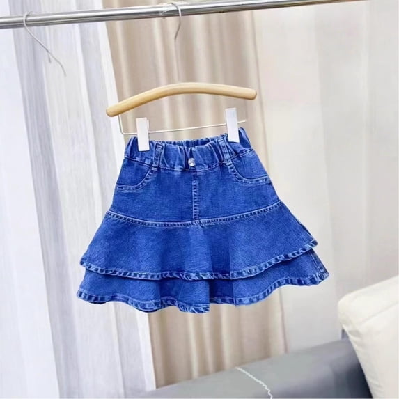 Girl's Denim Ruffle Skirts Mini Flared Pleated Toddler Jean Short Skirt with Pocket Blue 3-4Y