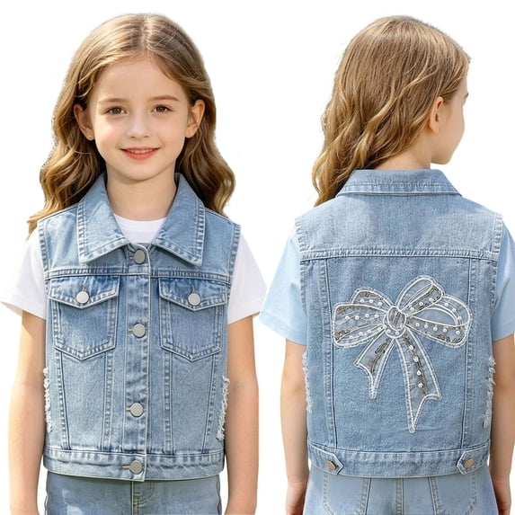 Girl's Denim Vest Jackets Lapel Button Down Embroidery Lace Outwear Fashion Casual Fall Outwear With Pockets (2T, Blue)