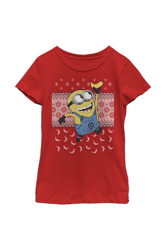 Girl's Despicable Me Ugly Christmas Minons Banana  Graphic Tee Red Small