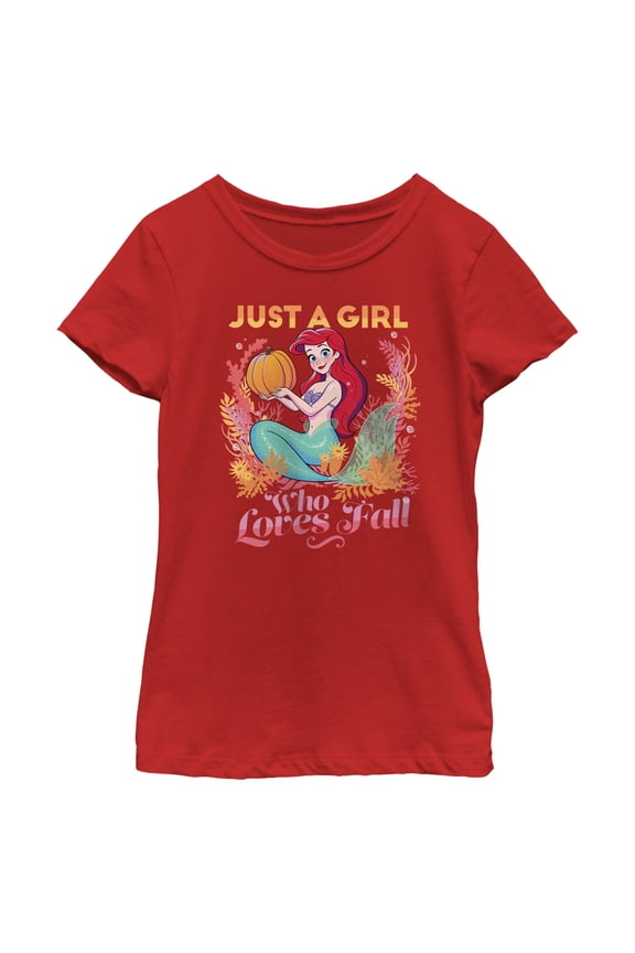 Girl's Disney Ariel Just a Girl Who Loves Fall Graphic Tee Red Large