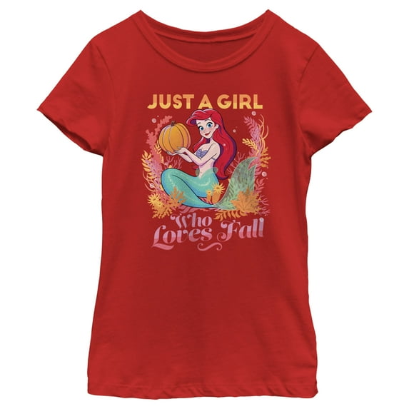 Girl's Disney Ariel Just a Girl Who Loves Fall Graphic Tee Red Medium