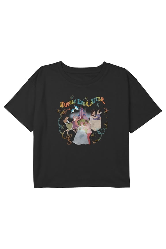 Girl's Disney Happily Ever After Couples Graphic Cropped T-Shirt Black Medium