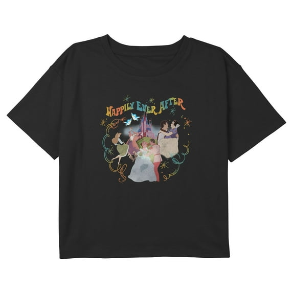 Girl's Disney Happily Ever After Couples Graphic Cropped T-Shirt Black X Large