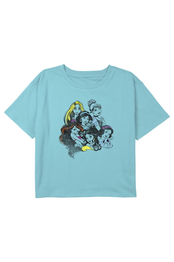 Girl's Disney Princesses Princesses Sketches Graphic Cropped T-Shirt Blue Large