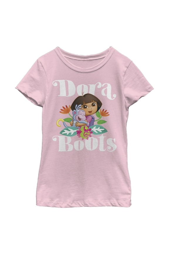 Girl's Dora the Explorer Hugging Dora and Boots  Graphic Tee Light Pink Large