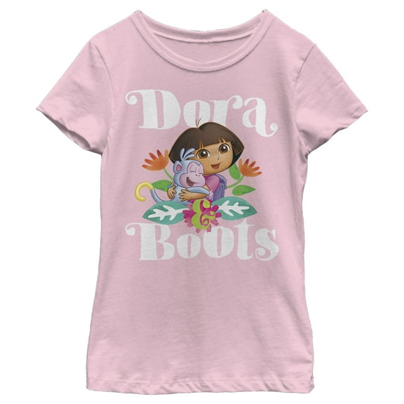 Girl's Dora the Explorer Hugging Dora and Boots  Graphic Tee Light Pink X Large