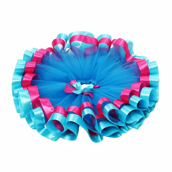 Girl's Double Mesh Tutu Skirt with Color-Blocked Ruffled Trim – Bright Sky Blue/Hot Pink Performance Tutu for 2-11 Years Old Carnival Events Birthday Parties Daily Dress-Up