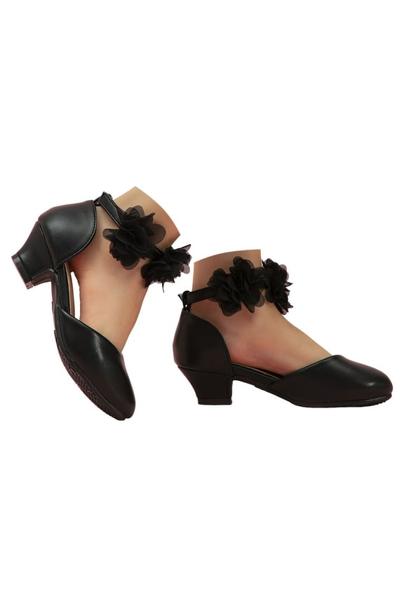 Girl's Dress Shoes Mary Jane Lace Flower Leather High Heels Wedding Party Princess Shoes for Little Big Kids