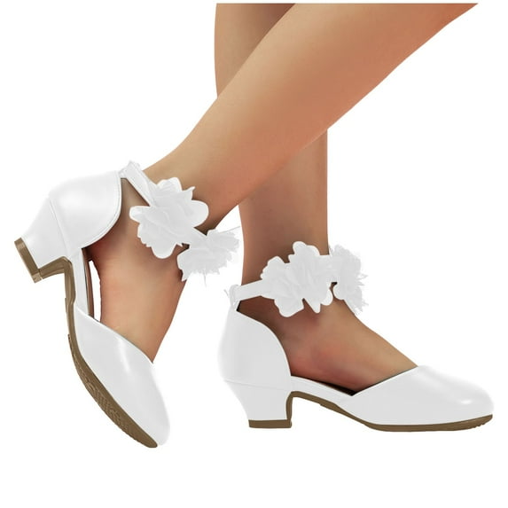 Girl's Dress Shoes Mary Jane Lace Flower Leather High Heels Wedding Party Princess Shoes for Little Big Kids