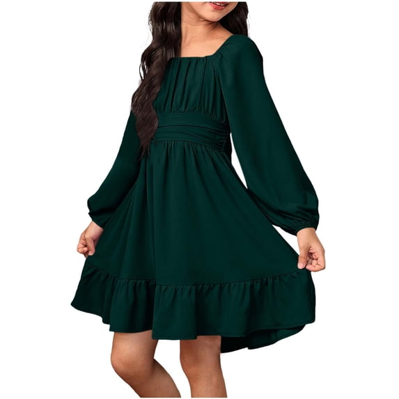 Girl's Dress Square Neck Long Sleeve Tie Back Ruffle Princess Kids Flowy A Line Casual Wedding Birthday Dress