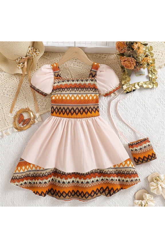 Girl's Dresses Bohemian Style Patchwork Color Puffed Short Sleeve Casual Kids Clothes