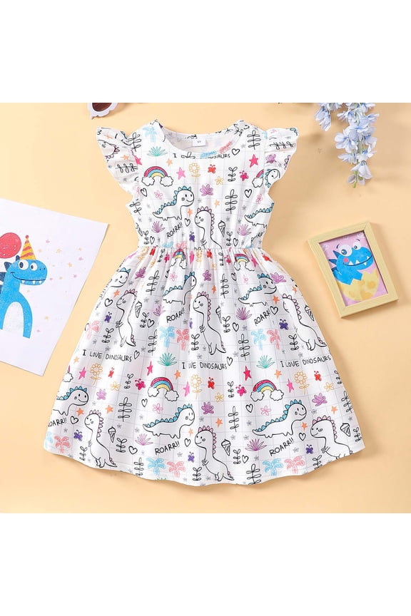 Girl's Dresses Children Short Sleeve Cartoon Print Kids Clothing
