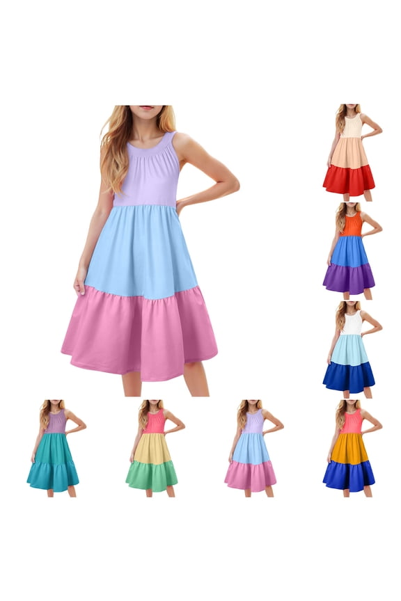 Girl's Dresses Color Block Ruffle Sleeve Tiered Swing A-Line Cute Midi Casual Sundress Girls Dresses Size 10-12 Blue Cute Dresses For Kids Long Yellow Sundress