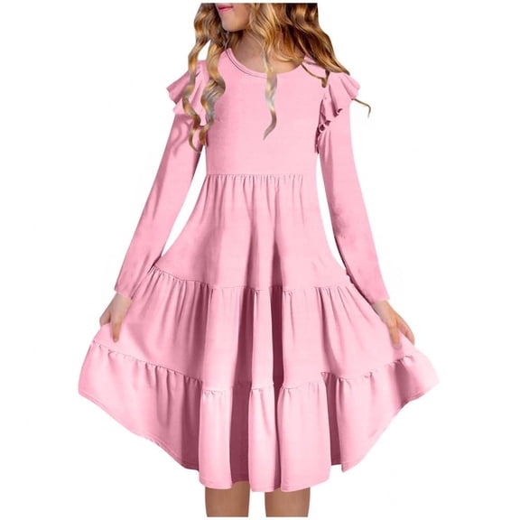Girl's Dresses Cotton Ruffle Sleeve Tiered Swing A-Line Cute Midi Casual Sundress
