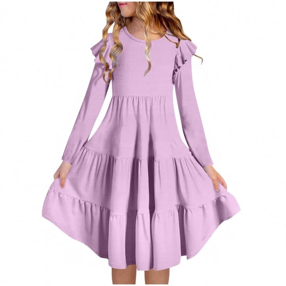 Girl's Dresses Cotton Ruffle Sleeve Tiered Swing A-Line Cute Midi Casual Sundress