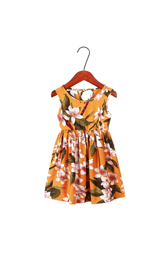 Girl's Dresses Crew Neck Summer Sleeveless Sun Casual Beach Floral Print Party Kids Clothes