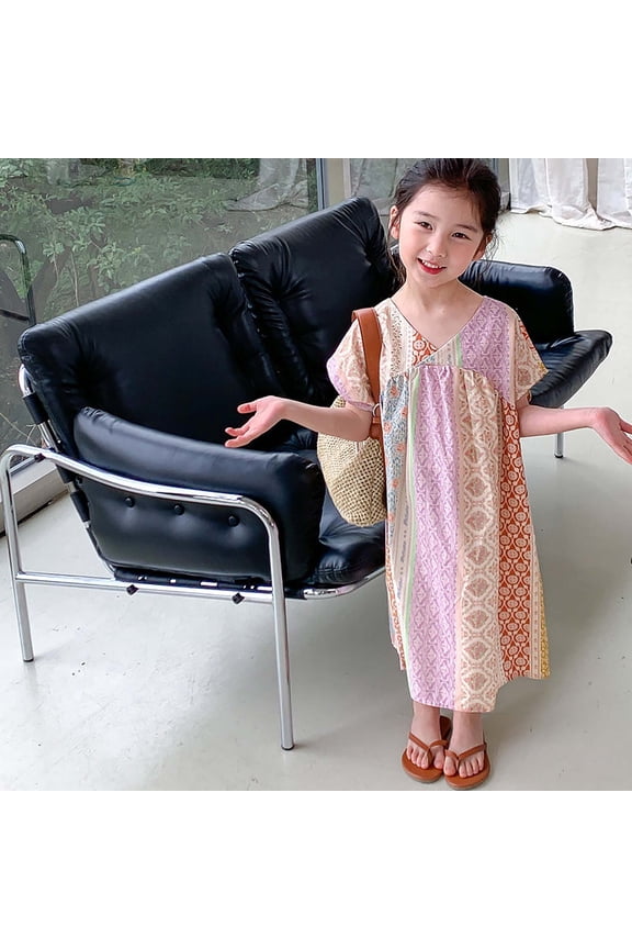 Girl's Dresses Ethnic Style V Neck Short Sleeve Princess Soft Suit Kids Outfits