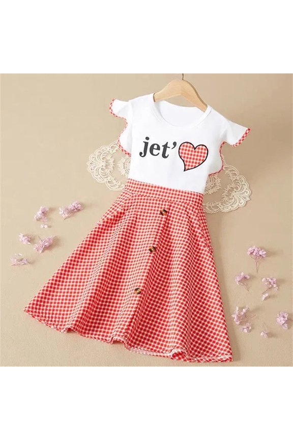 Girl's Dresses Ruffle Letter Love Print Ruffle Sleeve Plaid Patchwork Kids Outfits